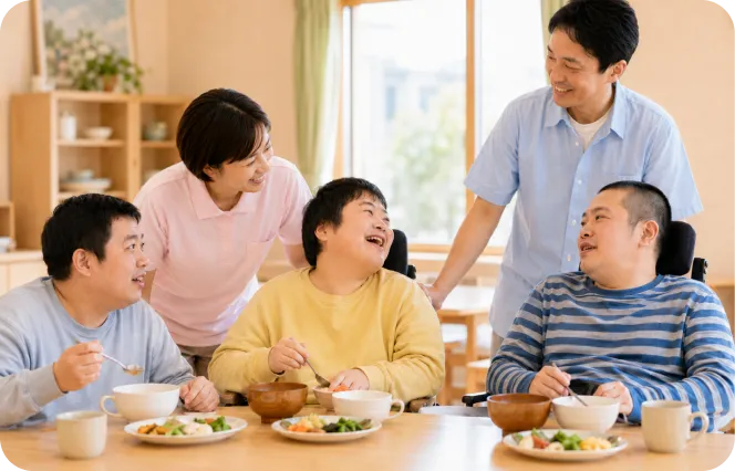 食堂で食事を楽しむ利用者とスタッフ
