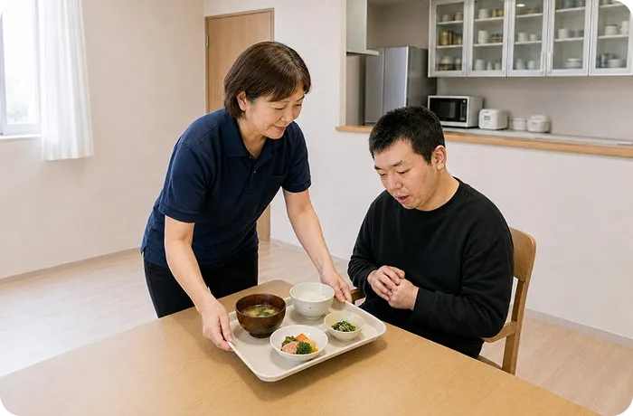 スタッフが食事を運ぶ様子