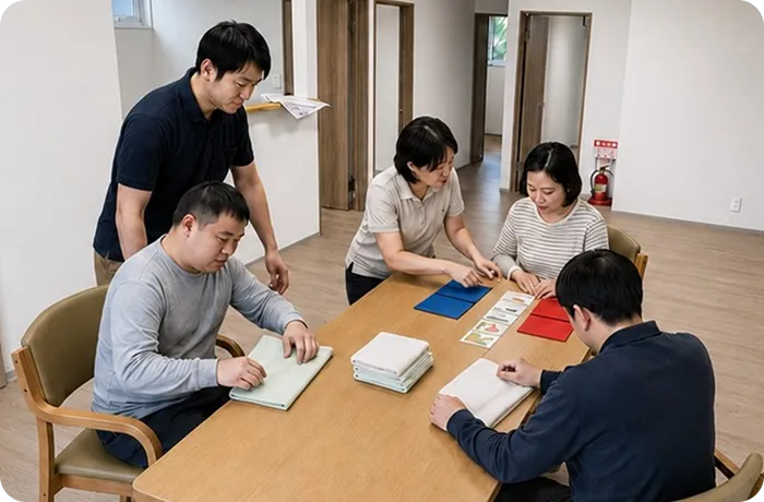 テーブルを囲んで活動するスタッフと利用者