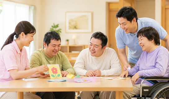 テーブルで創作活動を楽しむ利用者とスタッフ