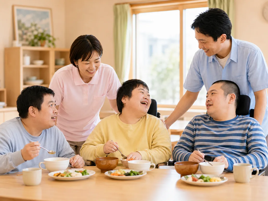 食堂で食事を楽しむ入居者とスタッフ